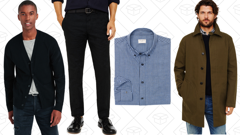 Merino Cardigan, $79 | Connor Chino Floral Jacquard, $79 | Slim Stripe Flannel Shirt, $79 | Bonded Mac Coat, $259